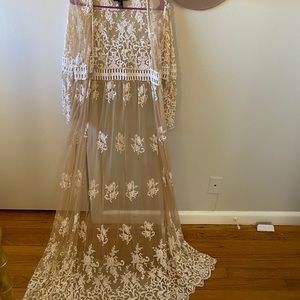 White Lace and Mesh Floorlength Kimono